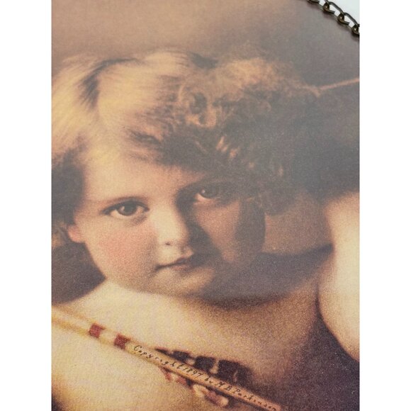 Victorian Flue Cover With Cupid Child Print & Metal Chain Frame 11" X 7.5" - Picture 6 of 11